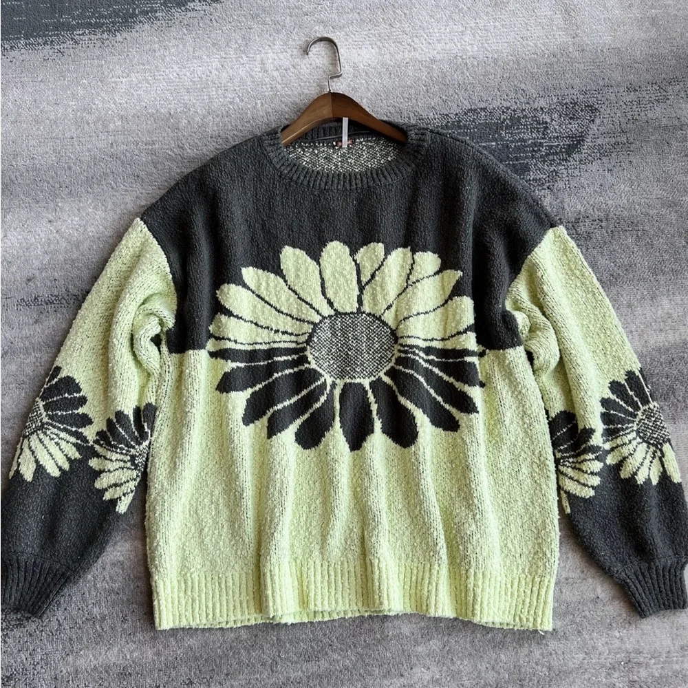 Free People Olive Green and Light Lime Floral Turtleneck Sweater - Picture 4 of 6